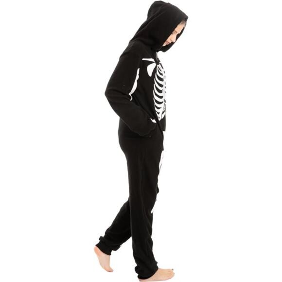 Adult Skeleton Pajamas with a plush hoodie, perfect for Halloween-themed - Picture 3 of 8